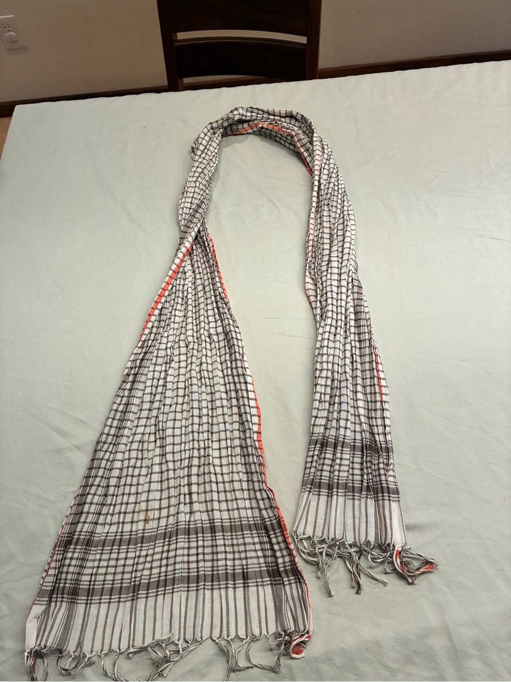 GAP White and Black Plaid Scarf with Coral Edge